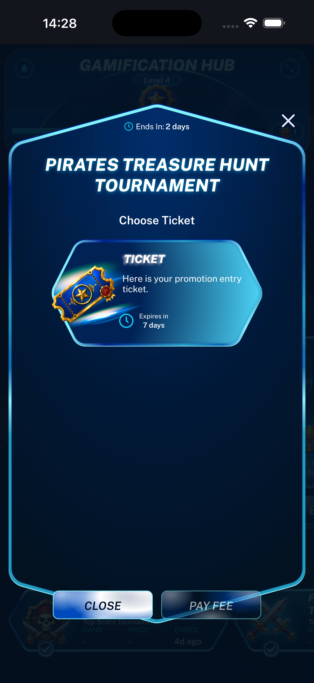 Entry Tournament fee selection displayed on a mobile phone